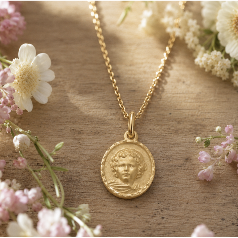 Médaille Ange enfantin Ovale facettée (plaqué or)