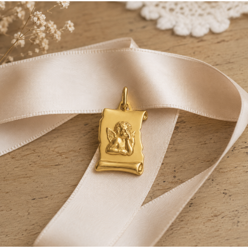Médaille Petit Ange au parchemin (plaqué or)