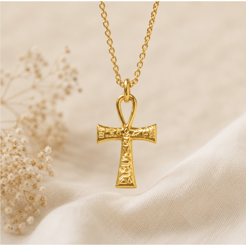 Pendentif Croix Hiéroglyphe (plaqué or)