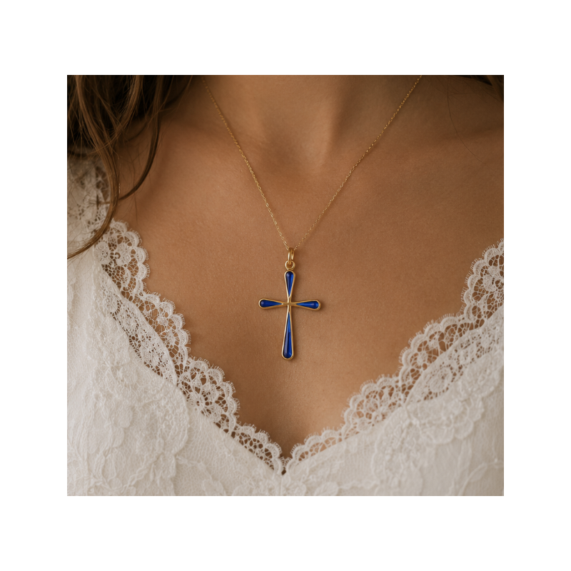 Pendentif Croix bleue (plaqué or)